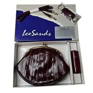 Vtg Lee Sands 4 Pc Eel Skin Crossbody Kiss Lock Clutch Key Lipstick & Mirror NIB